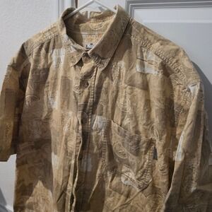 Woolrich Mens Large Short Sleeve Button Down Shirt Tan Compass Binoculars Print